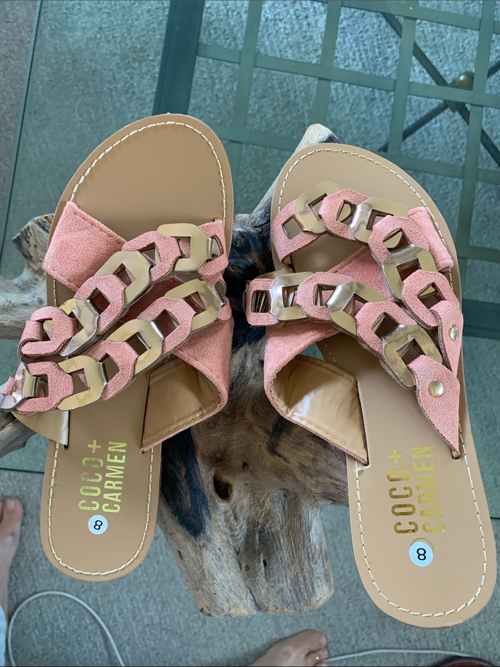 NEW Coco + Carmen Coral Suede Slide Sandals with Gold tone Chain Detail Size 8